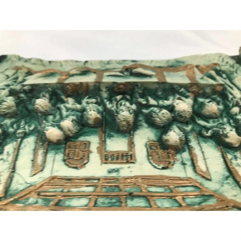 Vintage Last Supper 3D Relief Wall Plaque Scroll Design Teal Gold Religious Art